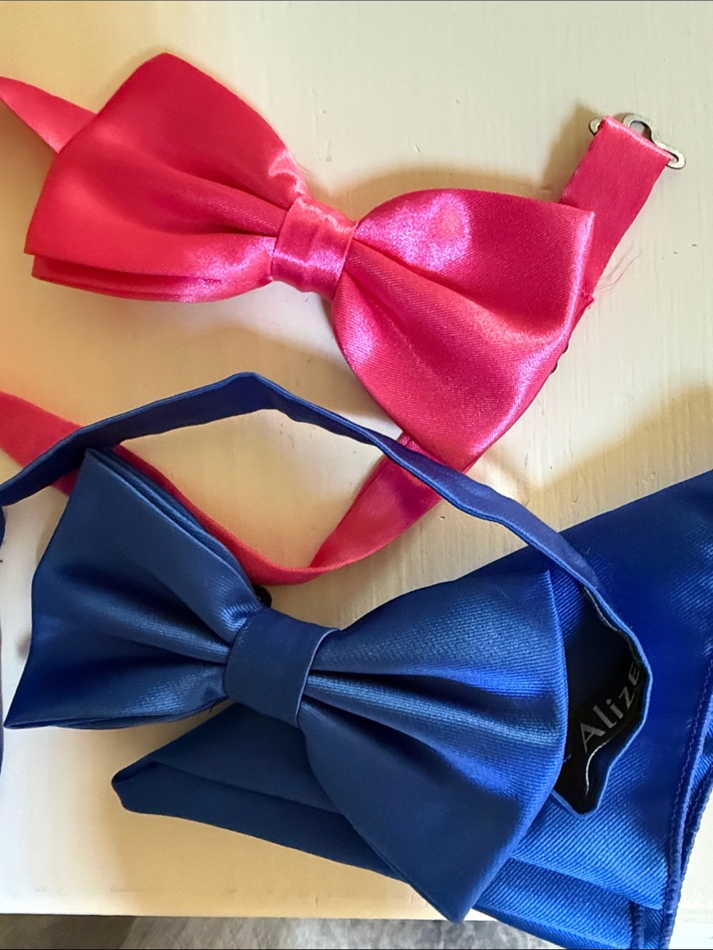 Men’s Satin Bow Tie Set - Pink & Blue with a blue hanky.